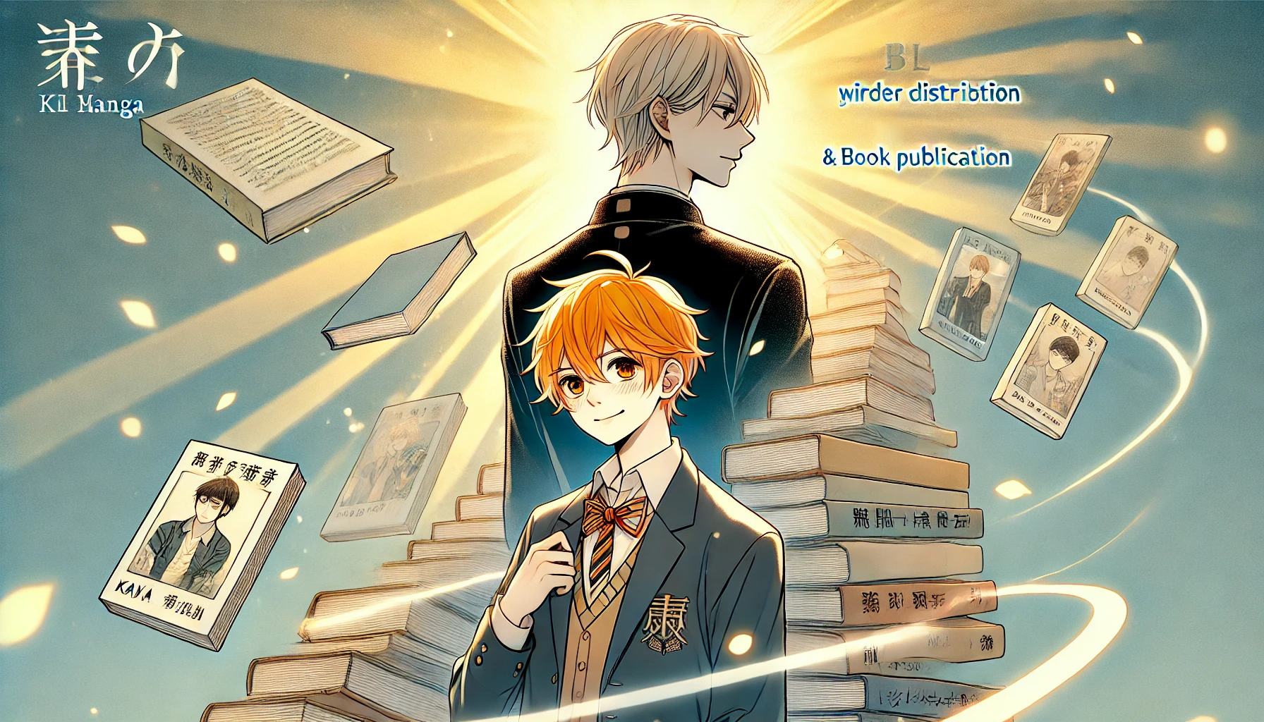 A manga-style illustration symbolizing the journey of a BL manga toward wider distribution and recognition. The image features two Japanese high school boys, one with orange hair (shorter in height, shy but determined expression) and the other with blond hair (taller and confident), standing in front of a stack of books that symbolize potential publication. The setting includes a bright, optimistic backdrop with floating pages and glowing effects, emphasizing the hope for general release and book publication. The art style captures a sense of growth and aspiration, fitting the theme.