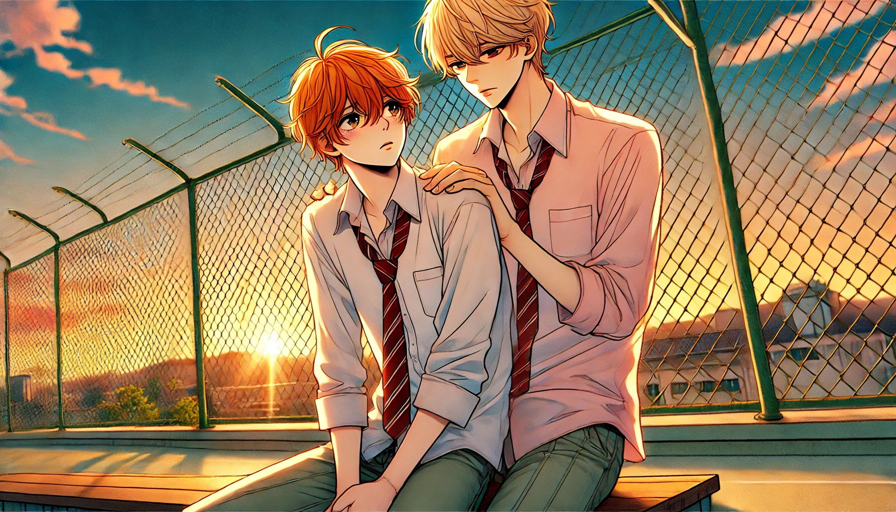 A manga-style illustration of two Japanese high school boys on a school rooftop during sunset. The orange-haired boy, playing the shy and vulnerable role of the receiver, is sitting close to the blond-haired boy, who has a protective and confident demeanor. The blond-haired boy gently leans toward the orange-haired boy, creating a romantic and intimate atmosphere. The setting features a fence and a colorful sky, highlighting the emotional connection between the characters, fitting the BL genre.